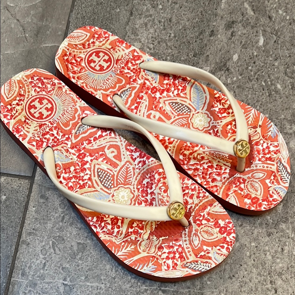 Tory Burch Red and White Paisley Sandals